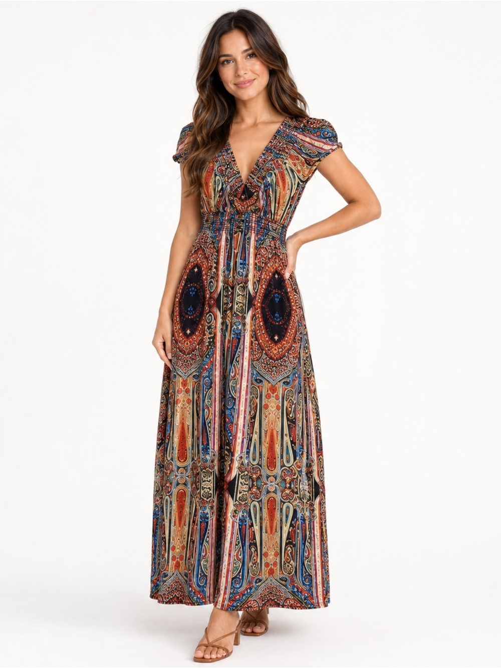 Lapogee Petite Paisley Maxi Dress SP Boho Multicolor Smocked Empire Waist